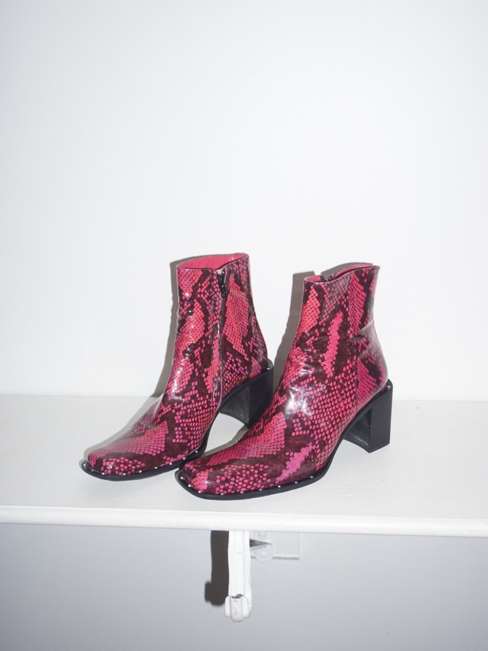 PINK SNAKESKIN ANKLE BOOTS VINTAGE BLOCK HEEL CRYSTAL STUDS 8 by FREE LANCE